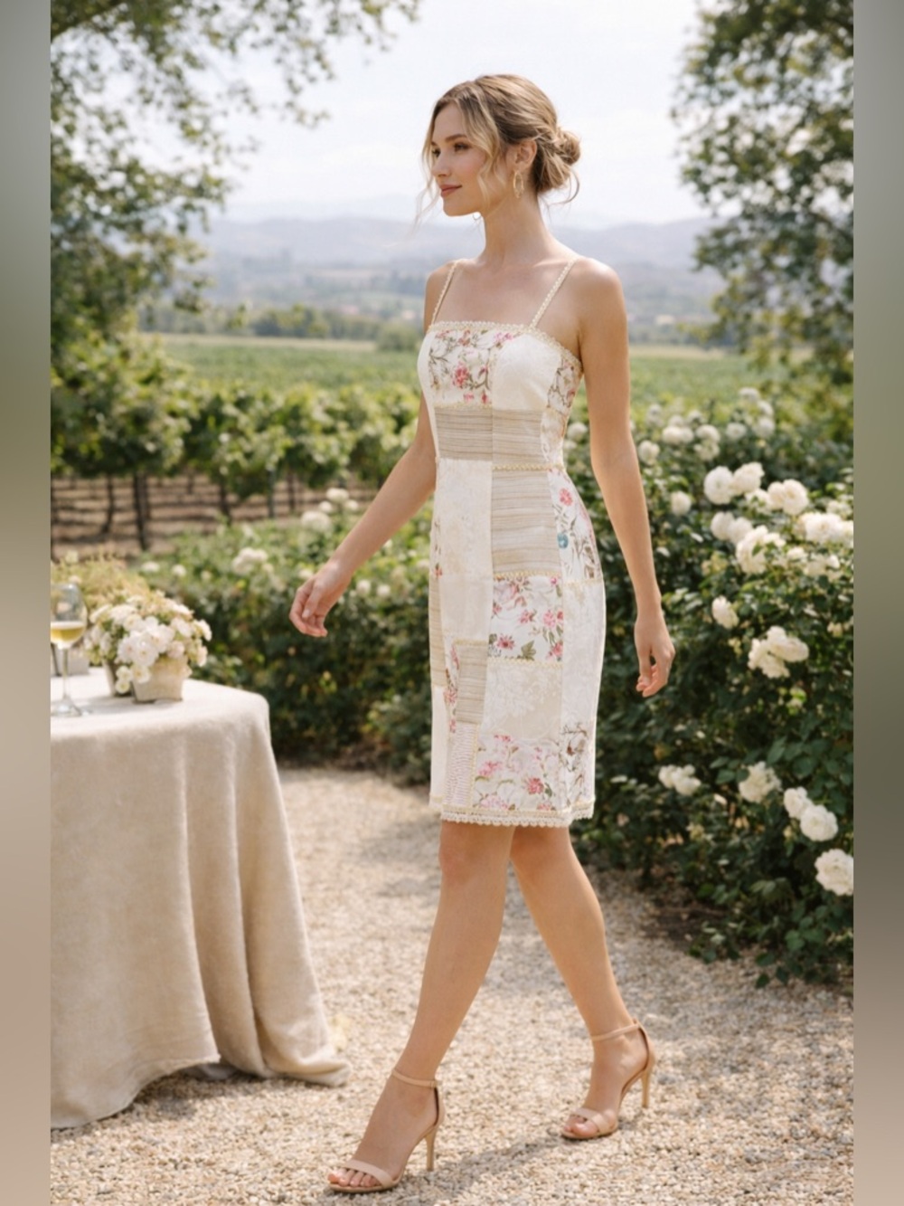 Alberto Makali Patchwork Floral Jacquard Dress Sequin Lace Trim Romantic Sz 12 - Picture 3 of 16